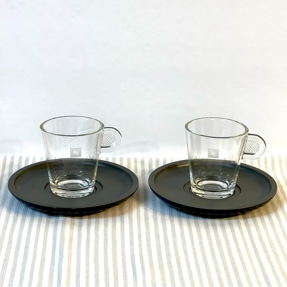 Set of 2 Nespresso View Collection Espresso Coffee Clear Cup with Grey Saucer